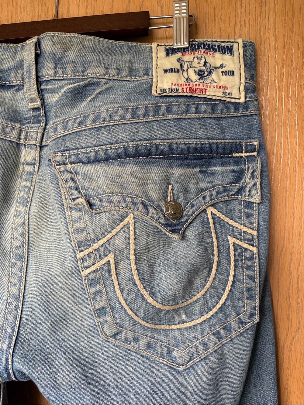 True Religion Light Wash Men’s Straight Jeans with Signature Pocket Stitching